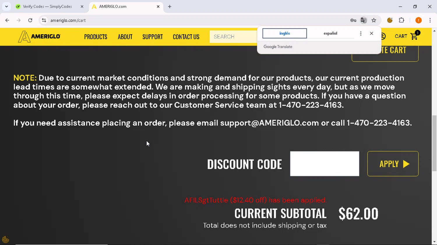 AmeriGlo checkout page showing AmeriGlo discount code box | Screenshot taken by SimplyCodes community member on Sep 6, 2024