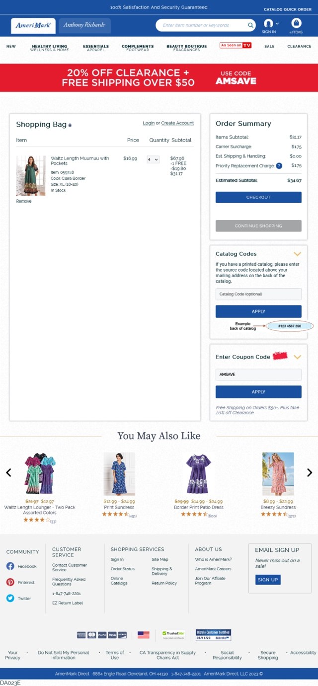 AmeriMark checkout page showing AmeriMark promo code box | Screenshot taken by SimplyCodes community member on May 12, 2023
