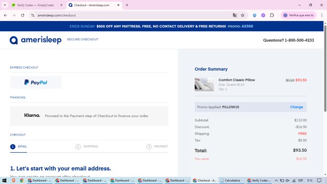 Amerisleep checkout page showing Amerisleep promo code box | Screenshot taken by SimplyCodes community member on Aug 2, 2025