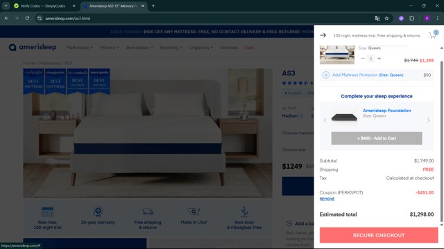 Amerisleep checkout page showing Amerisleep promo code box | Screenshot taken by SimplyCodes community member on Aug 2, 2025