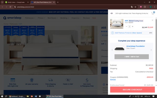 Amerisleep checkout page showing Amerisleep promo code box | Screenshot taken by SimplyCodes community member on Aug 5, 2025