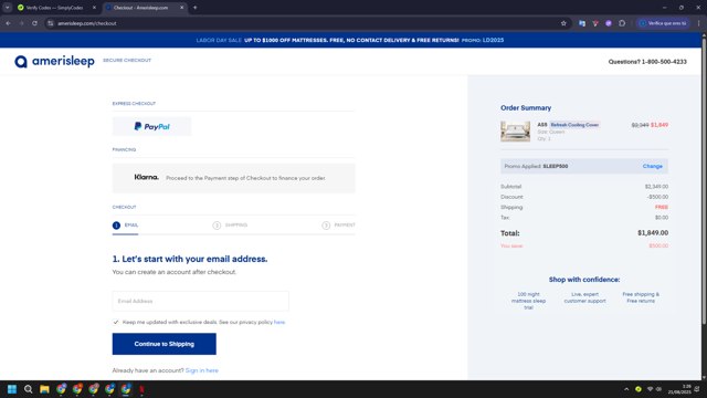 Amerisleep checkout page showing Amerisleep promo code box | Screenshot taken by SimplyCodes community member on Aug 21, 2025