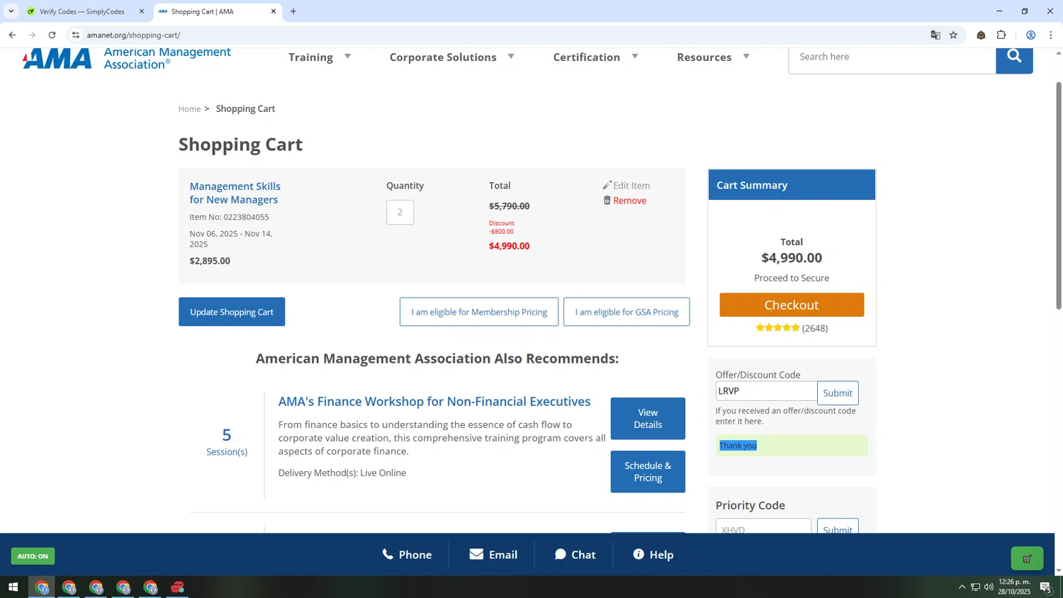 American Management Association checkout page showing American Management Association discount code box | Screenshot taken by SimplyCodes community member on Oct 28, 2025