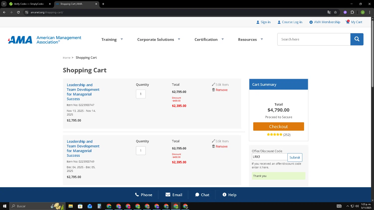 American Management Association checkout page showing American Management Association discount code box | Screenshot taken by SimplyCodes community member on Nov 5, 2025