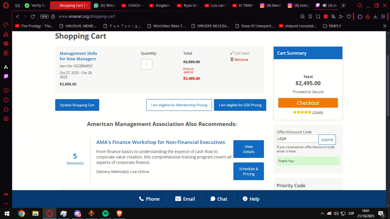 American Management Association checkout page showing American Management Association discount code box | Screenshot taken by SimplyCodes community member on Oct 21, 2025