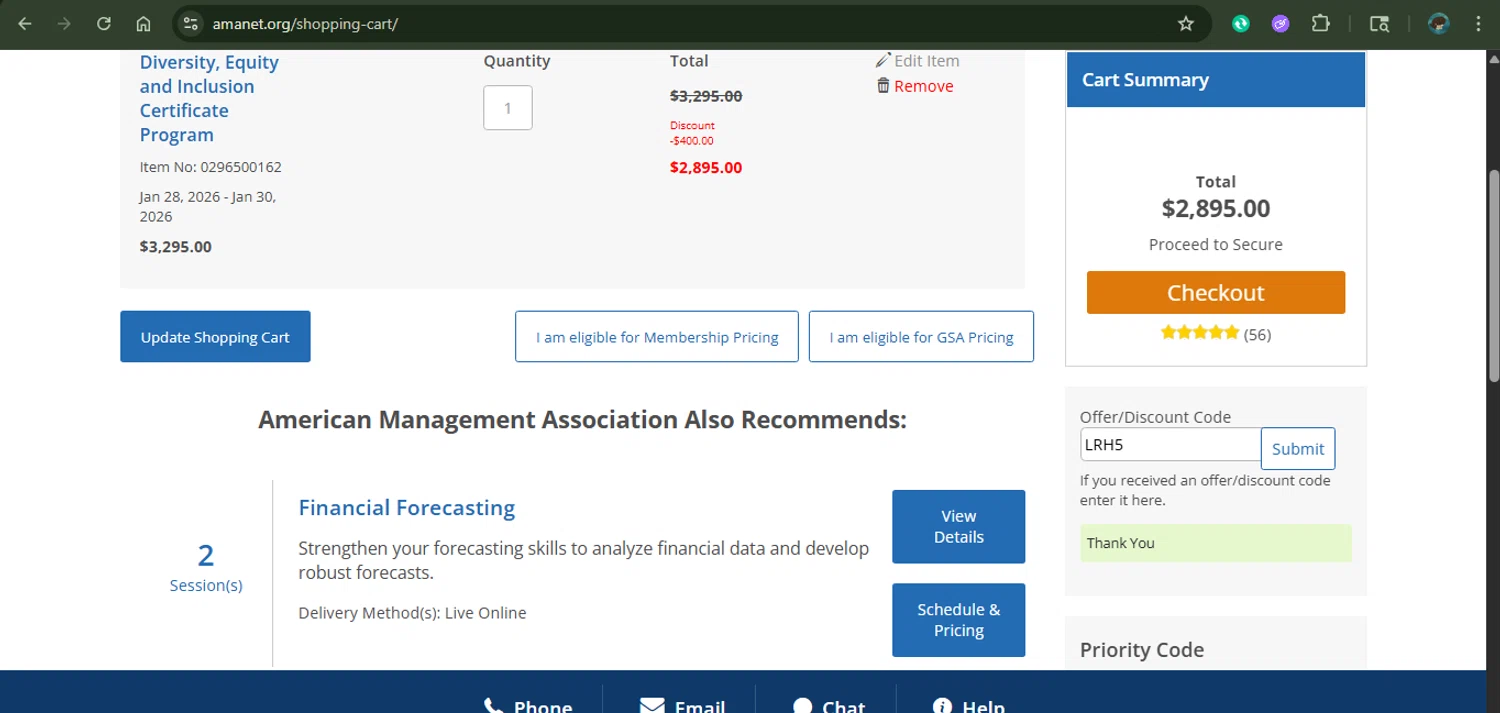 American Management Association discount code screenshot showing code LRH5 applied at American Management Association checkout page. Uploaded by SimplyCodes community member xAngel on Nov 26, 2025