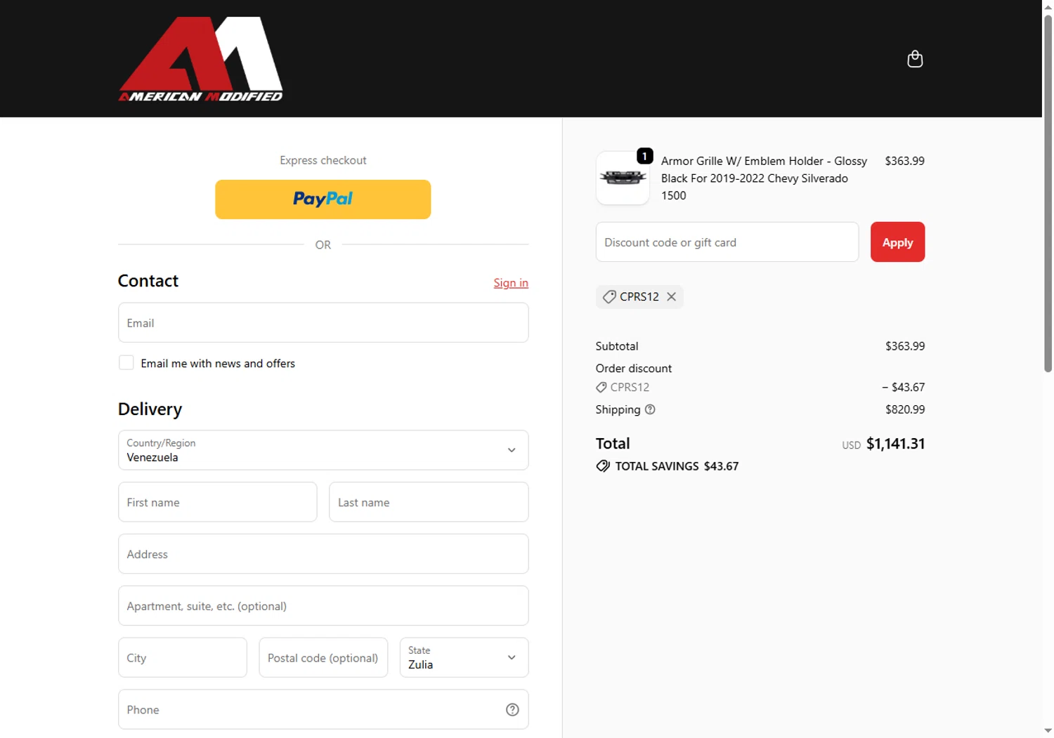 AMERICAN MODIFIED promo code screenshot showing code CPRS12 applied at AMERICAN MODIFIED checkout page. Uploaded by SimplyCodes community member Sadalsuud on Jun 13, 2026