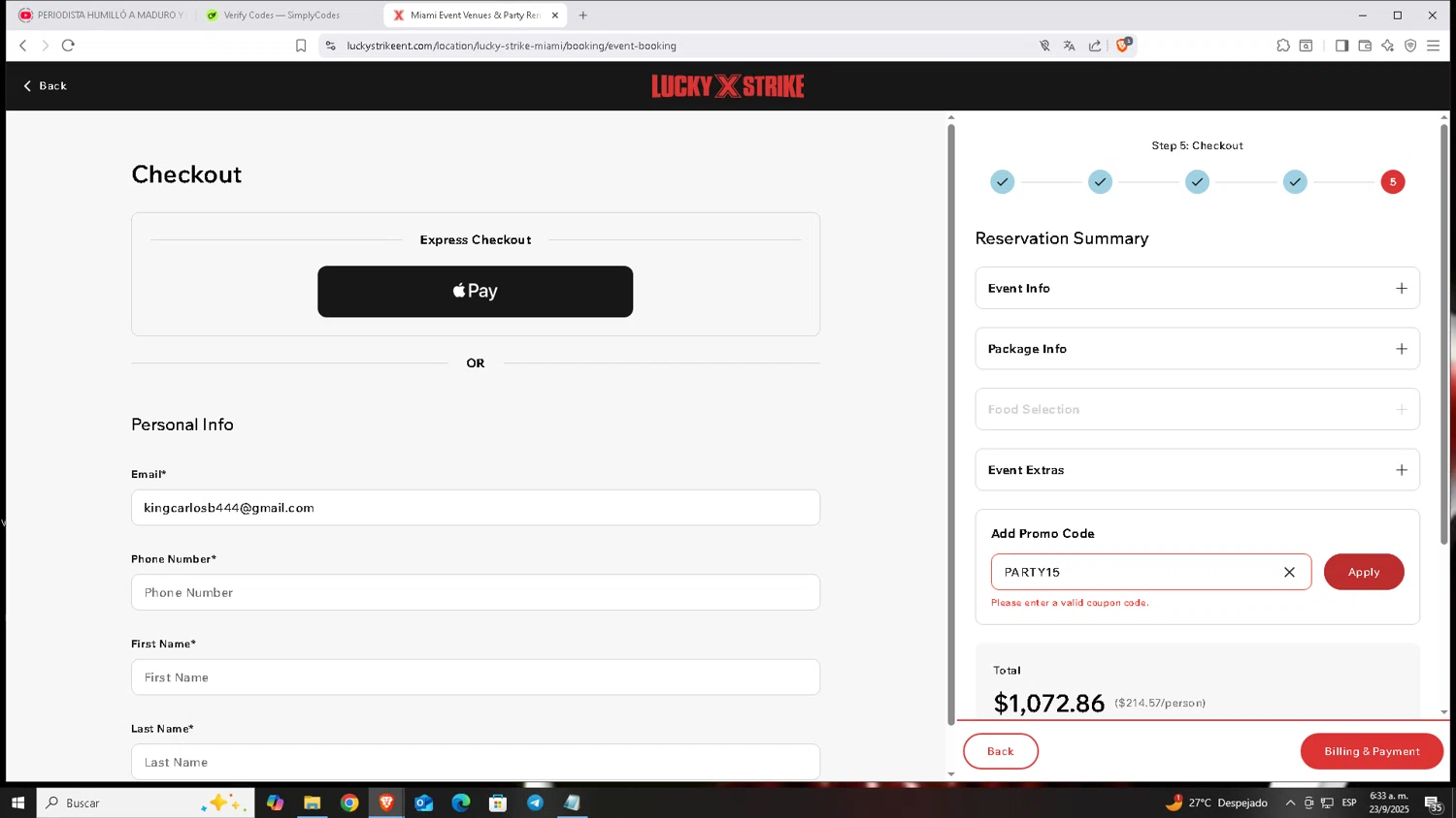 AMF Bowling Lanes promo code screenshot showing code PARTY15 applied at AMF Bowling Lanes checkout page. Uploaded by SimplyCodes community member Carloscoder_900457733 on Sep 23, 2025