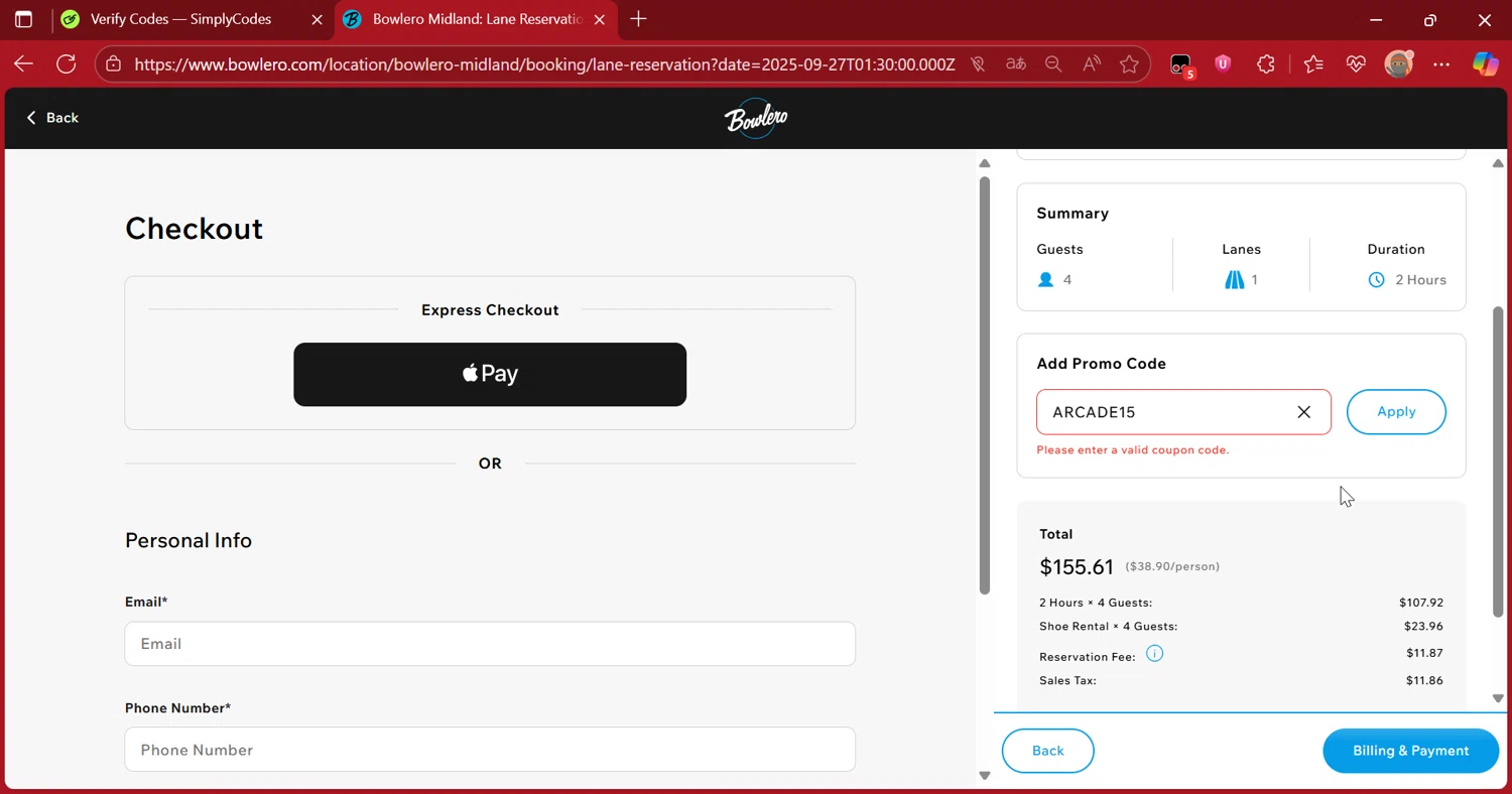 AMF Bowling Lanes promo code screenshot showing code ARCADE15 applied at AMF Bowling Lanes checkout page. Uploaded by SimplyCodes community member DiscountScout1417 on Sep 22, 2025