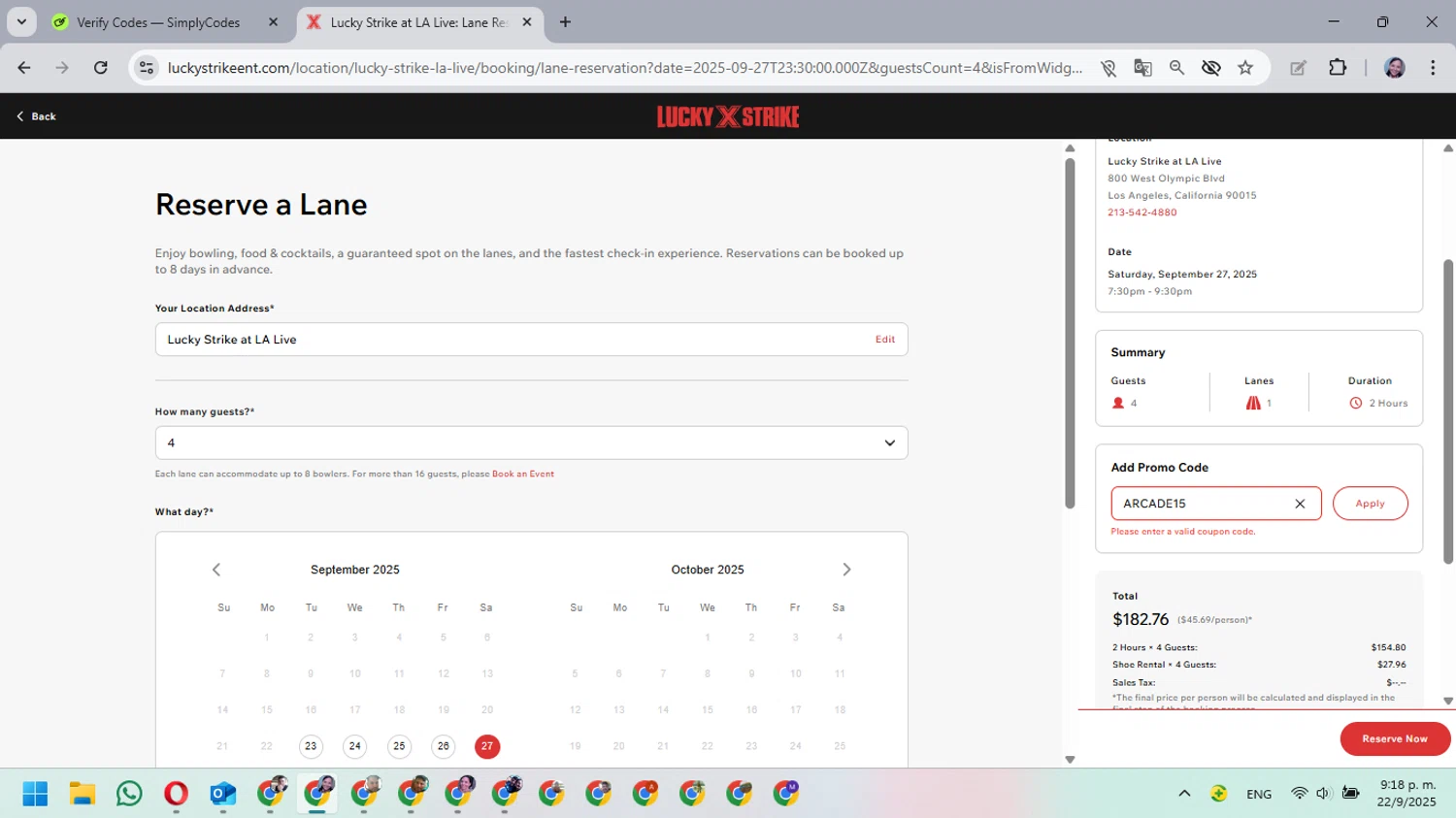 AMF Bowling Lanes promo code screenshot showing code ARCADE15 applied at AMF Bowling Lanes checkout page. Uploaded by SimplyCodes community member MarielisPb on Sep 23, 2025