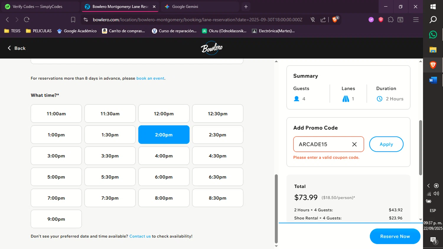 AMF Bowling Lanes promo code screenshot showing code ARCADE15 applied at AMF Bowling Lanes checkout page. Uploaded by SimplyCodes community member xXdevoragoticas69Xx on Sep 23, 2025