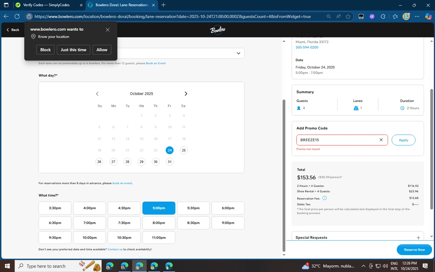 AMF Bowling Lanes promo code screenshot showing code BREEZE15 applied at AMF Bowling Lanes checkout page. Uploaded by SimplyCodes community member jvllsk3 on Oct 24, 2025