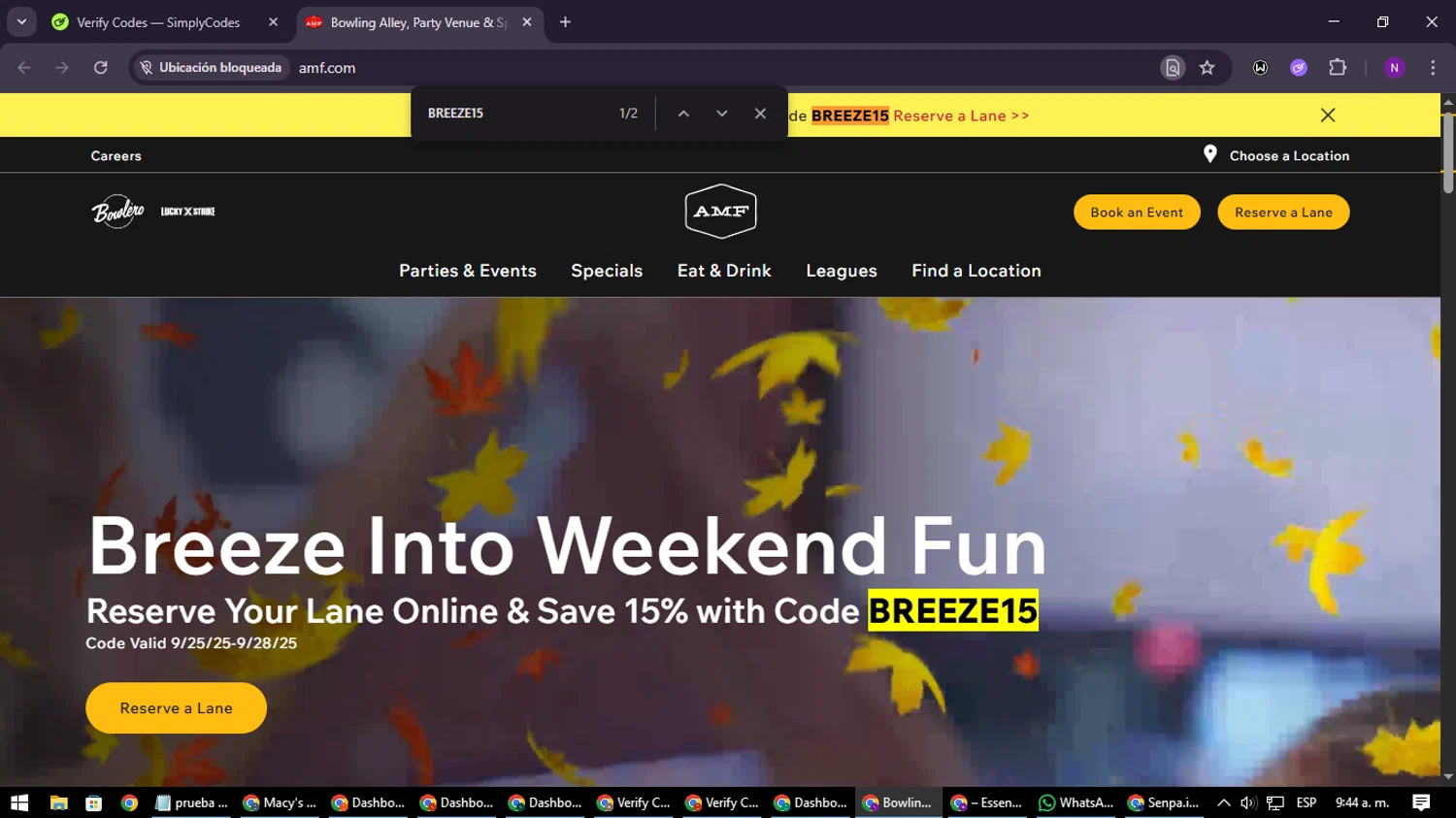 AMF Bowling Lanes promo code screenshot showing code BREEZE15 applied at AMF Bowling Lanes checkout page. Uploaded by SimplyCodes community member NATAAAAAANAELCANO on Sep 25, 2025