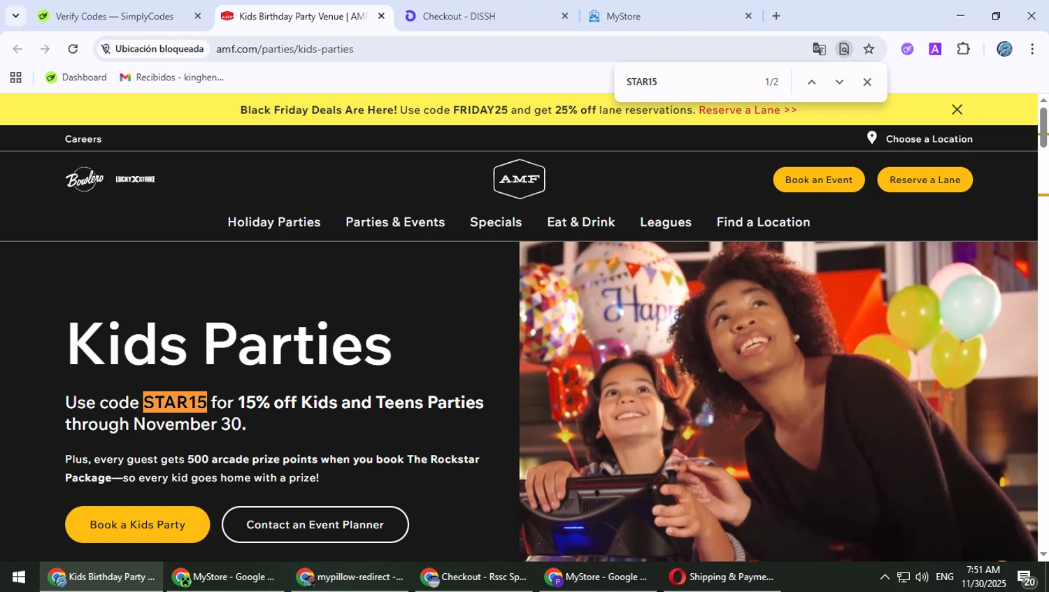 AMF Bowling Lanes checkout page showing AMF Bowling Lanes promo code box | Screenshot taken by SimplyCodes community member on Nov 30, 2025