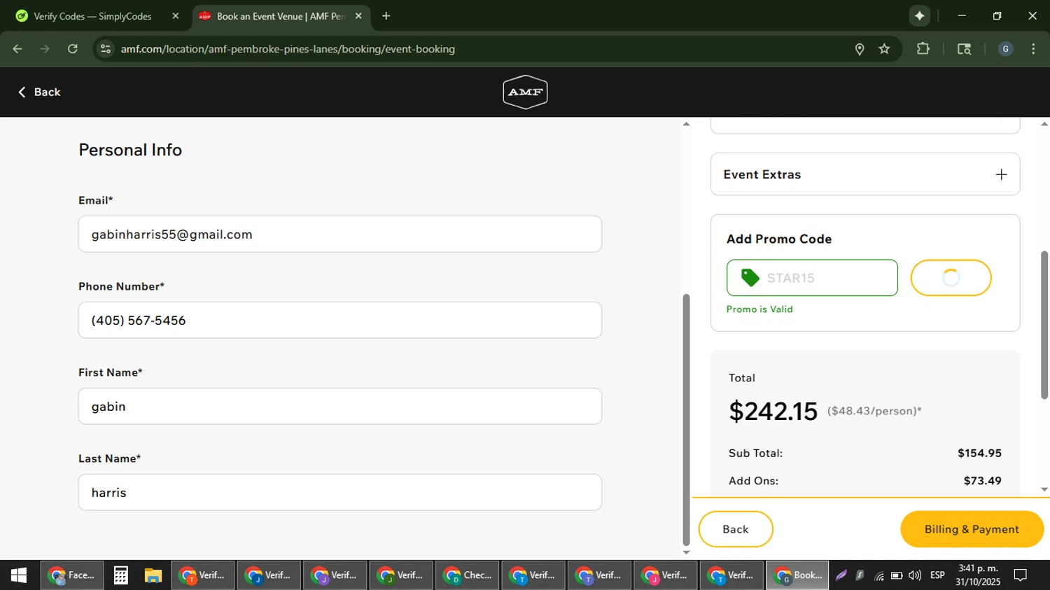 AMF Bowling Lanes checkout page showing AMF Bowling Lanes promo code box | Screenshot taken by SimplyCodes community member on Oct 31, 2025