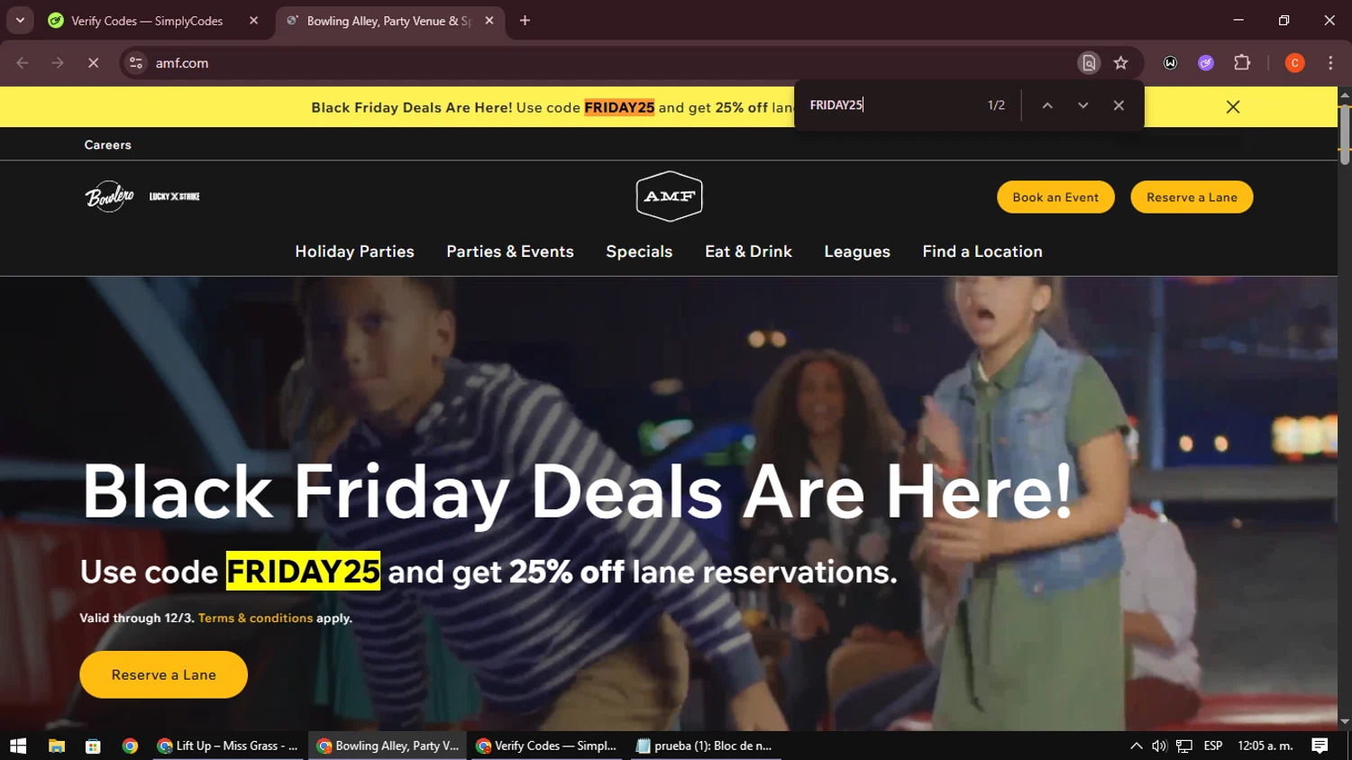 AMF Bowling Lanes checkout page showing AMF Bowling Lanes promo code box | Screenshot taken by SimplyCodes community member on Nov 29, 2025