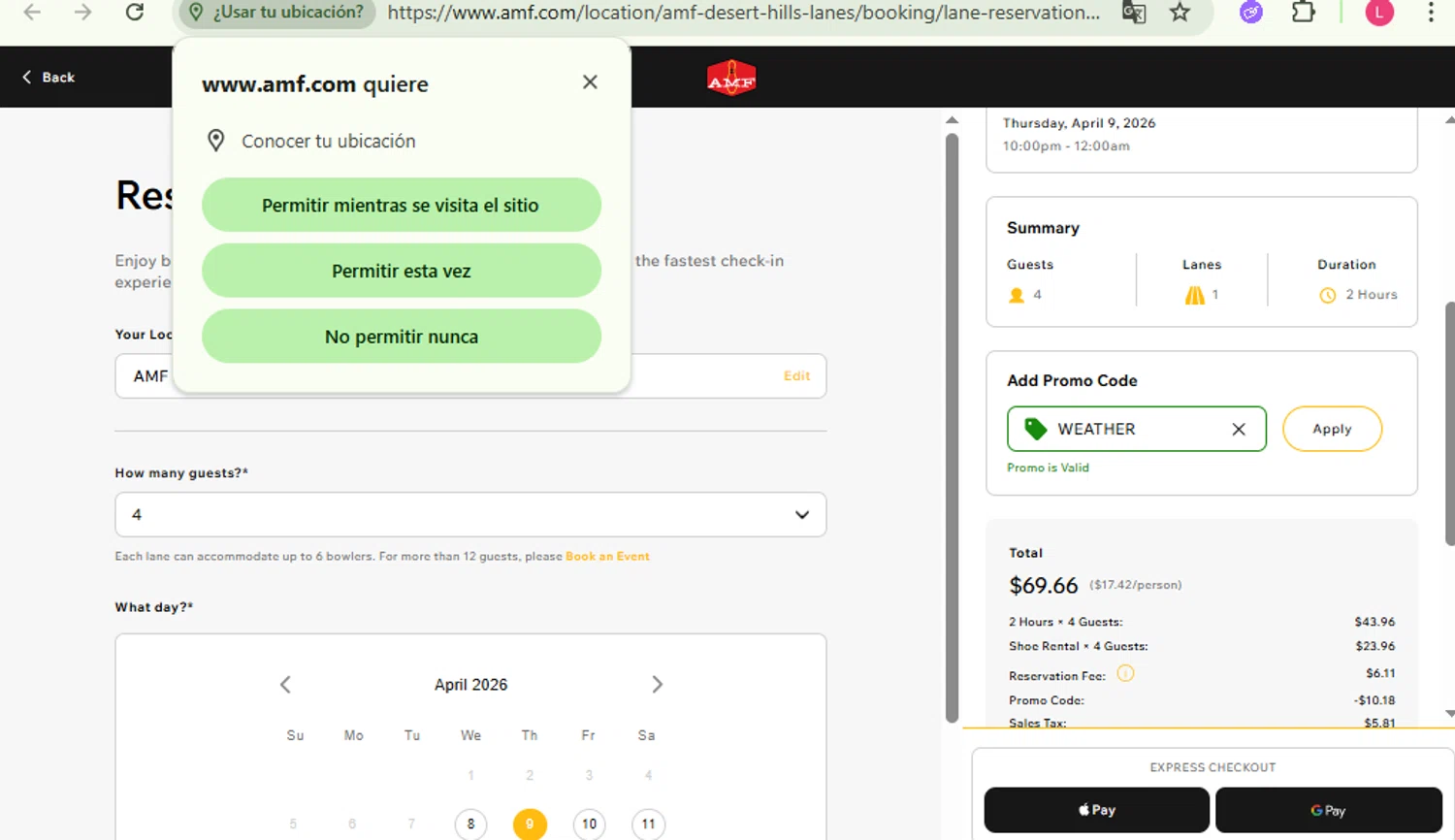 AMF Bowling Lanes promo code screenshot showing code WEATHER applied at AMF Bowling Lanes checkout page. Uploaded by SimplyCodes community member RewardFinder4836 on Apr 8, 2026
