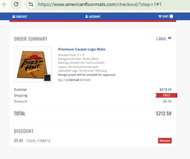 American Floor Mats checkout page showing American Floor Mats coupon code box | Screenshot taken by SimplyCodes community member on Aug 2, 2025