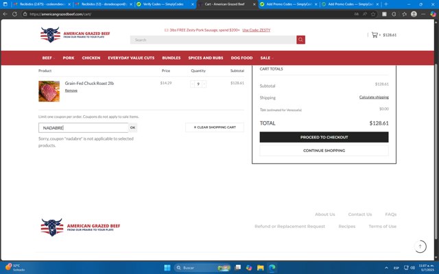 American Grazed Beef checkout page showing American Grazed Beef coupon code box | Screenshot taken by SimplyCodes community member on Jul 5, 2025