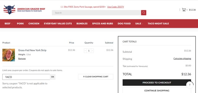 American Grazed Beef checkout page showing American Grazed Beef coupon code box | Screenshot taken by SimplyCodes community member on Jul 14, 2025