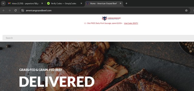 American Grazed Beef checkout page showing American Grazed Beef coupon code box | Screenshot taken by SimplyCodes community member on Sep 1, 2025