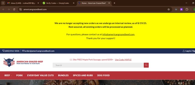 American Grazed Beef checkout page showing American Grazed Beef coupon code box | Screenshot taken by SimplyCodes community member on Sep 1, 2025