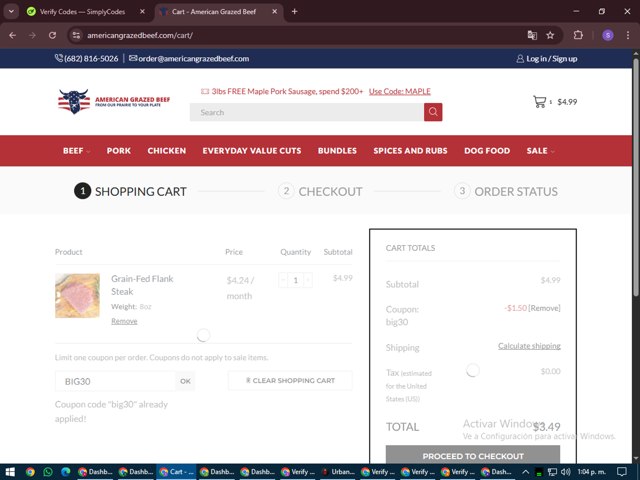 American Grazed Beef checkout page showing American Grazed Beef coupon code box | Screenshot taken by SimplyCodes community member on Jul 25, 2025