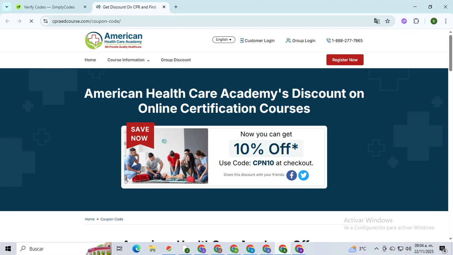 American Health Care Academy coupon code screenshot showing code CPN10 applied at American Health Care Academy checkout page. Uploaded by SimplyCodes community member SaleVirtuoso5993 on Nov 22, 2025