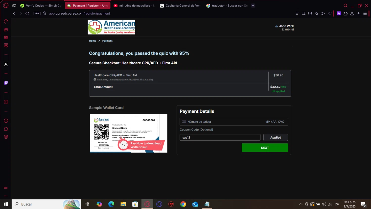 American Health Care Academy coupon code screenshot showing code sas12 applied at American Health Care Academy checkout page. Uploaded by SimplyCodes community member MightyOwl9591 on Jul 8, 2025