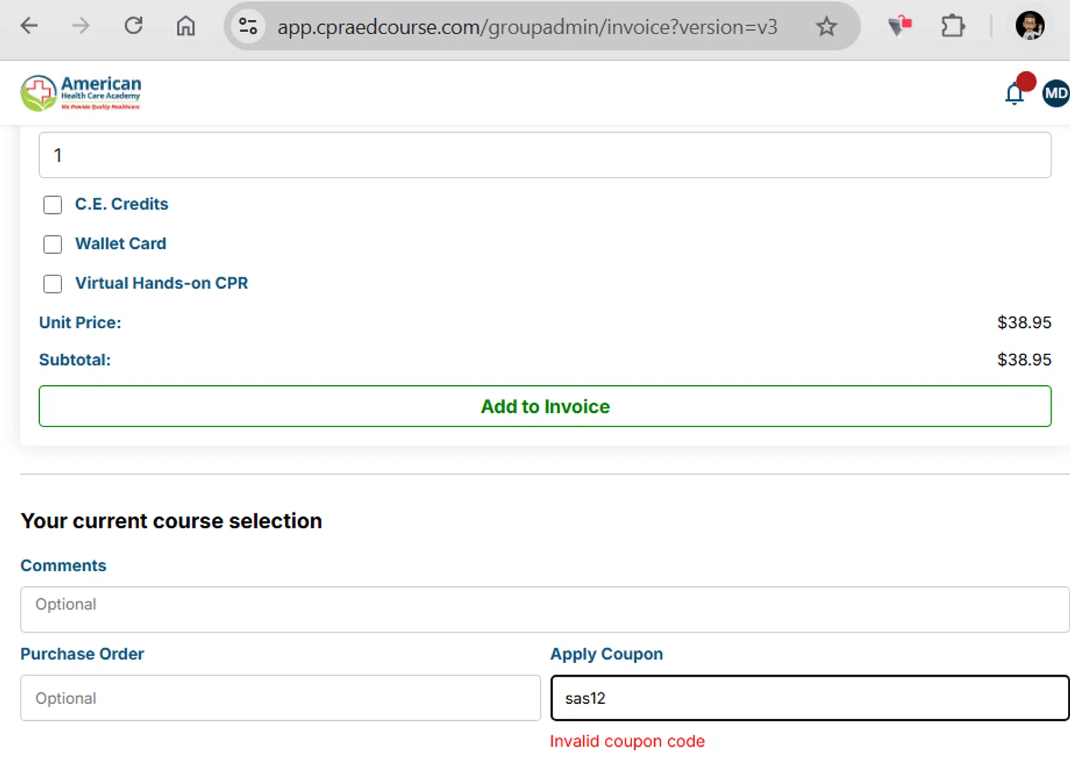American Health Care Academy coupon code screenshot showing code sas12 applied at American Health Care Academy checkout page. Uploaded by SimplyCodes community member WonderExpert2552 on Aug 6, 2025