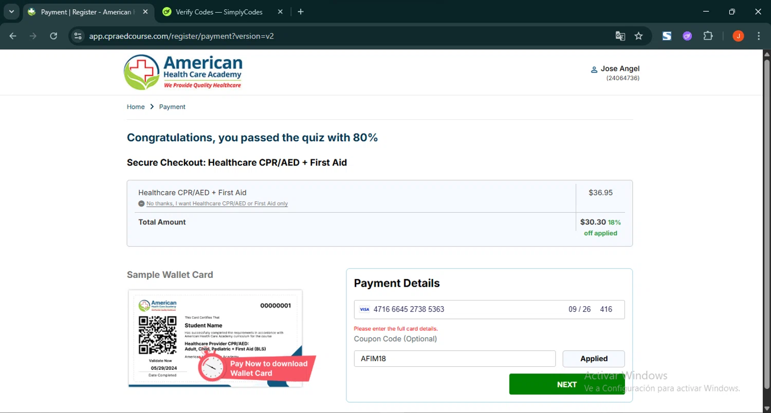American Health Care Academy checkout page showing American Health Care Academy coupon code box | Screenshot taken by SimplyCodes community member on Aug 7, 2025
