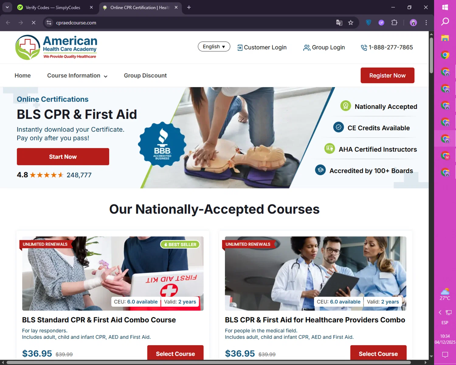 American Health Care Academy coupon code screenshot showing code EARLY15 applied at American Health Care Academy checkout page. Uploaded by SimplyCodes community member SmartLion1183 on Dec 4, 2025