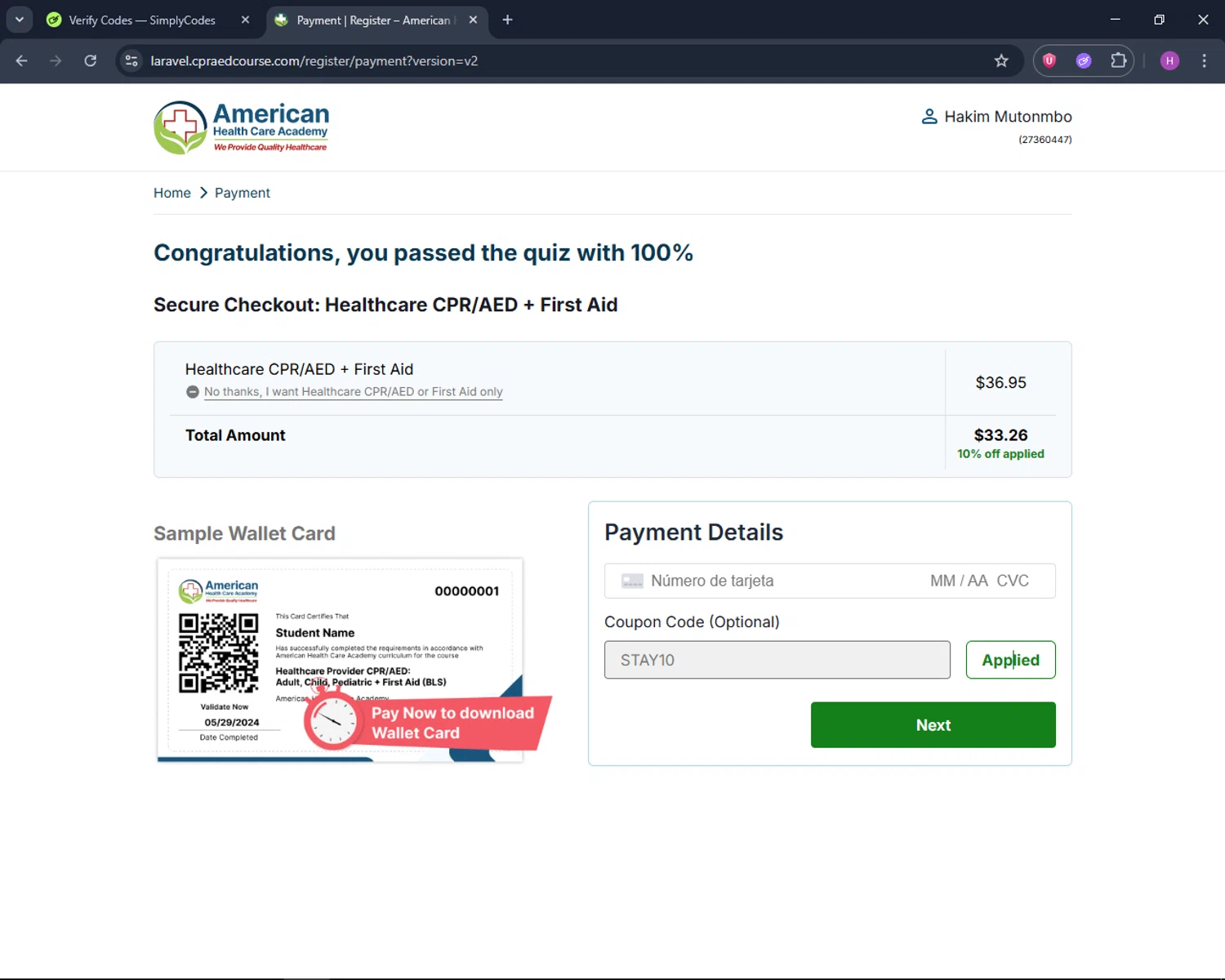 American Health Care Academy coupon code screenshot showing code STAY10 applied at American Health Care Academy checkout page. Uploaded by SimplyCodes community member TokenNavigator6891 on Dec 20, 2025