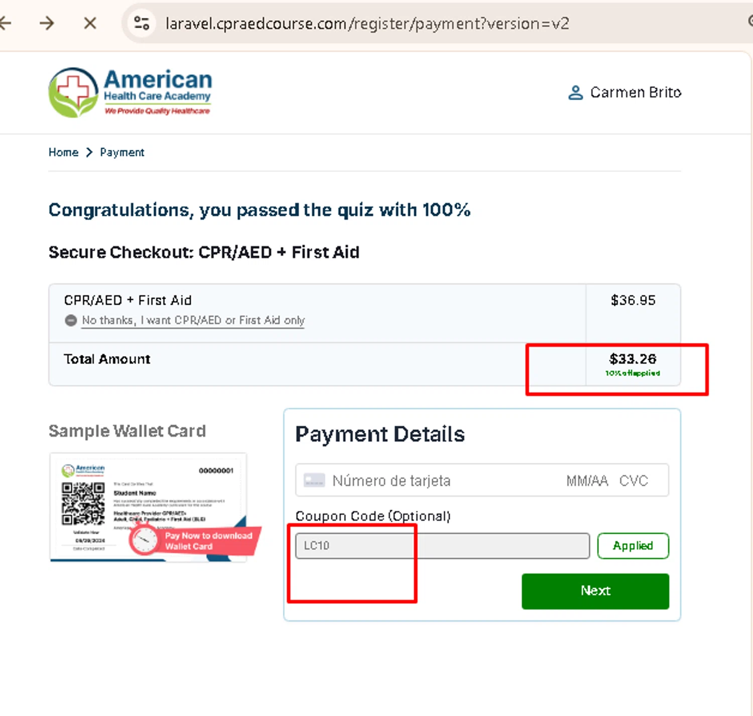 American Health Care Academy coupon code screenshot showing code LC10 applied at American Health Care Academy checkout page. Uploaded by SimplyCodes community member AMANDA2681 on Dec 15, 2025