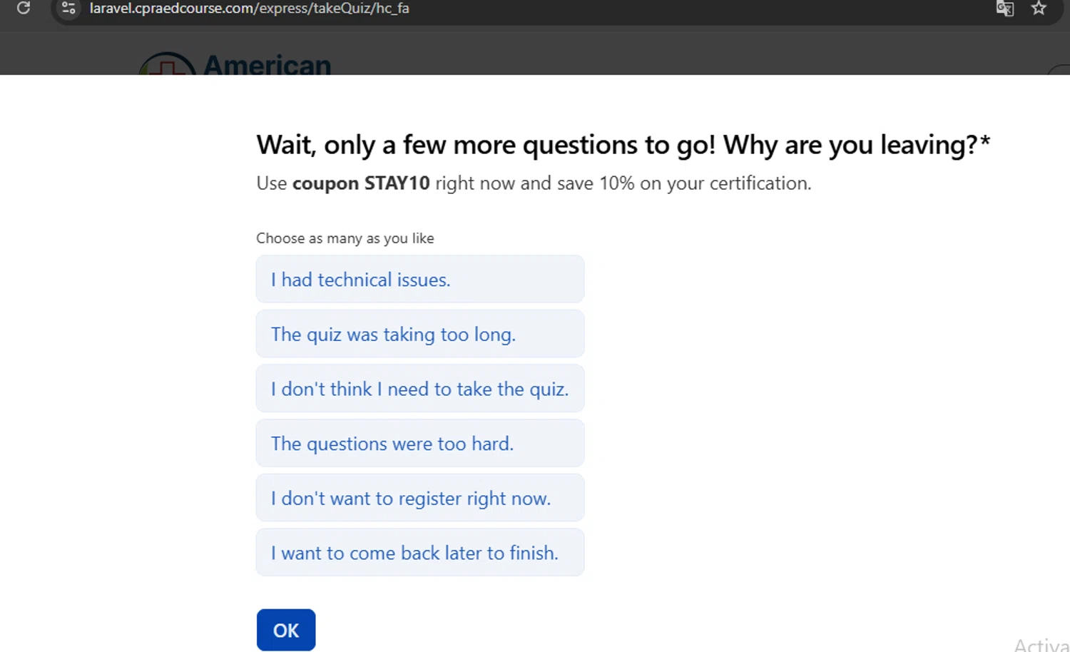 American Health Care Academy coupon code screenshot showing code STAY10 applied at American Health Care Academy checkout page. Uploaded by SimplyCodes community member javierprez on Dec 19, 2025