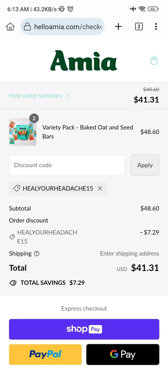 Amia checkout page showing Amia discount code box | Screenshot taken by SimplyCodes community member on Jul 18, 2024