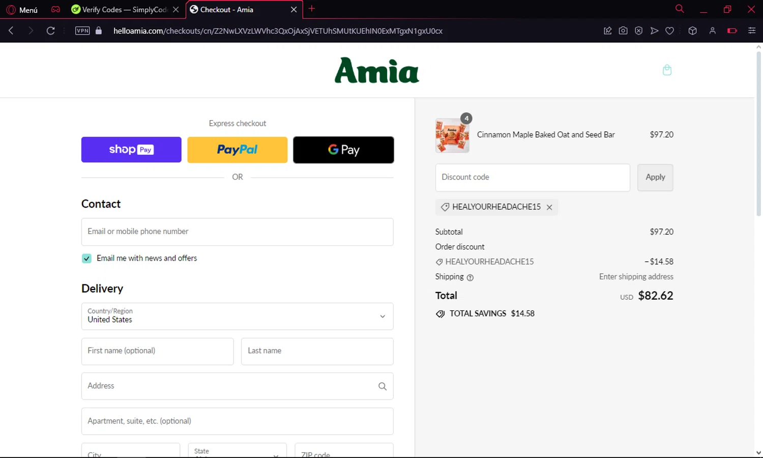 Amia checkout page showing Amia discount code box | Screenshot taken by SimplyCodes community member on Aug 16, 2024