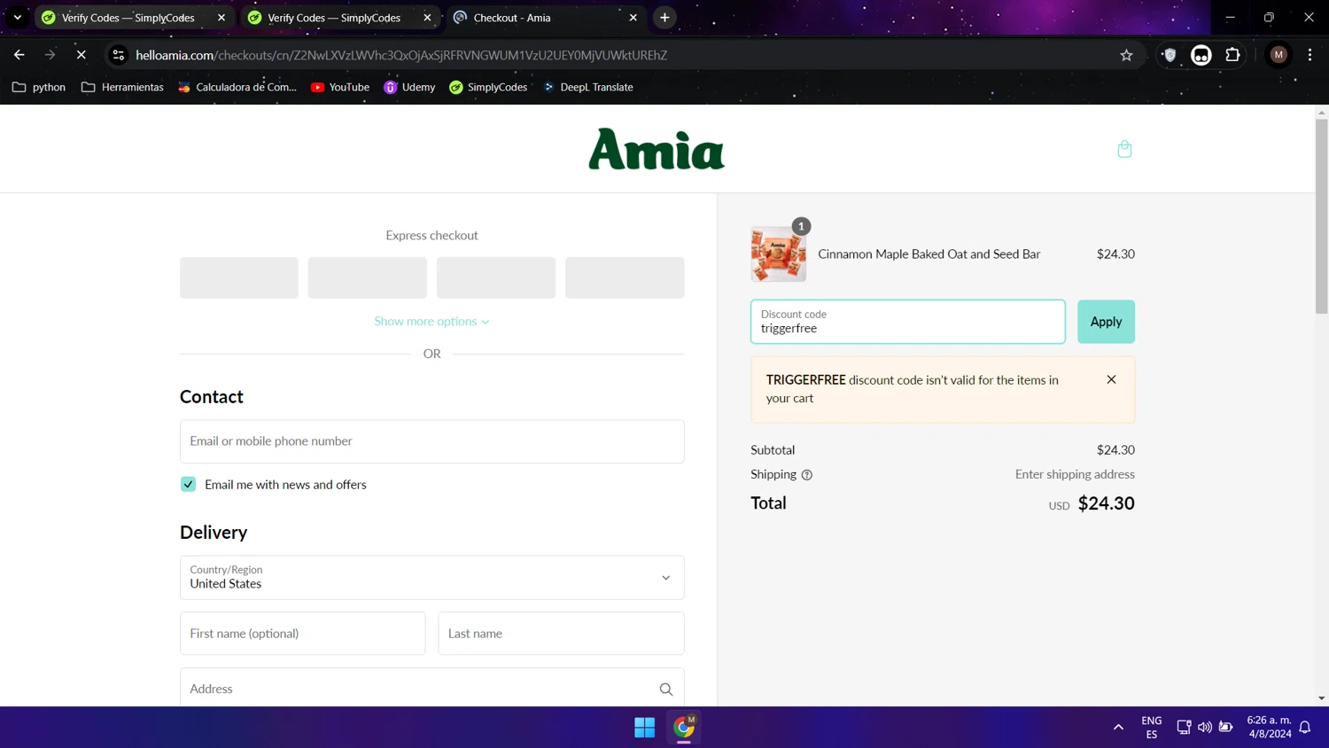 Amia checkout page showing Amia discount code box | Screenshot taken by SimplyCodes community member on Aug 4, 2024