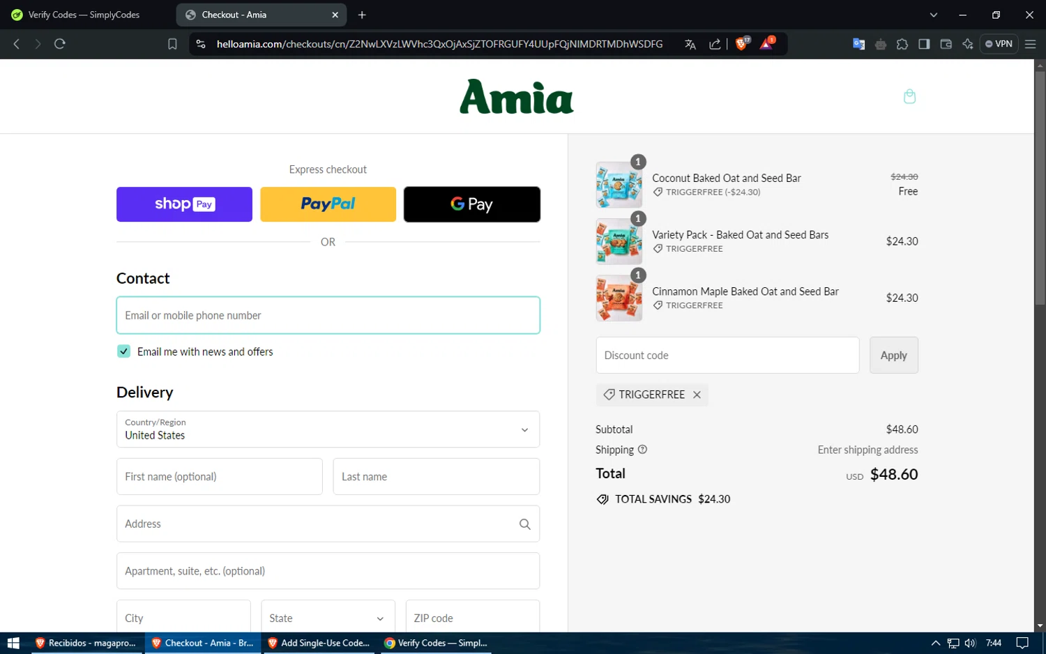 Amia checkout page showing Amia discount code box | Screenshot taken by SimplyCodes community member on Sep 2, 2024