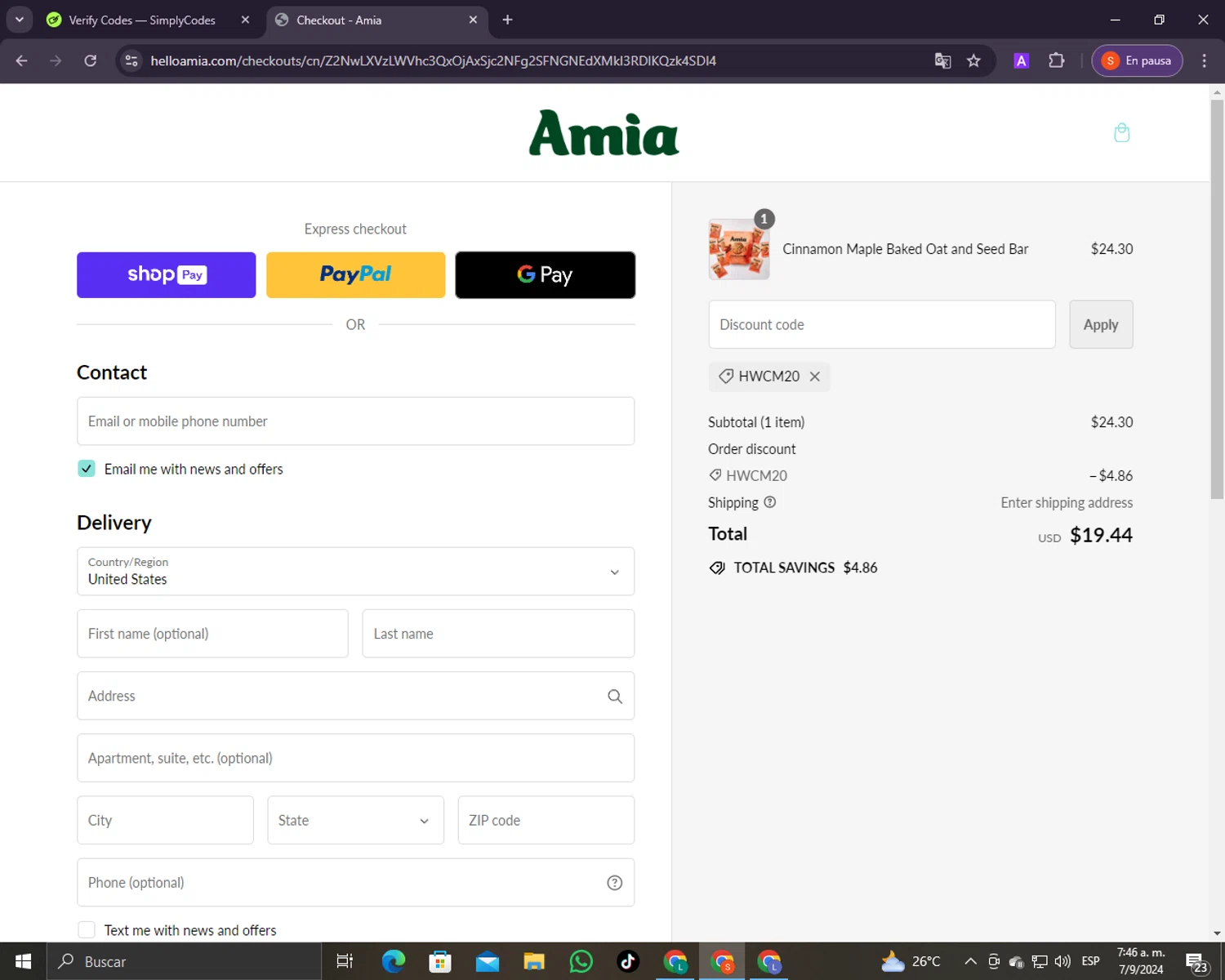 Amia checkout page showing Amia discount code box | Screenshot taken by SimplyCodes community member on Sep 7, 2024