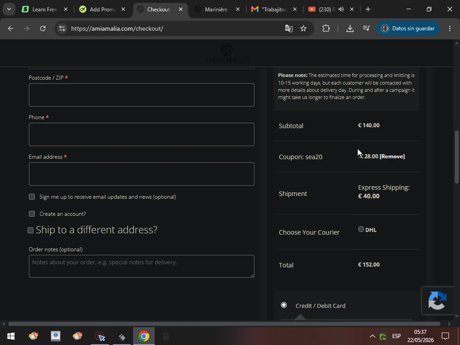 Ami Amalia promo code screenshot showing code SEA20 applied at Ami Amalia checkout page. Uploaded by SimplyCodes community member MarcosAranguren on May 22, 2026