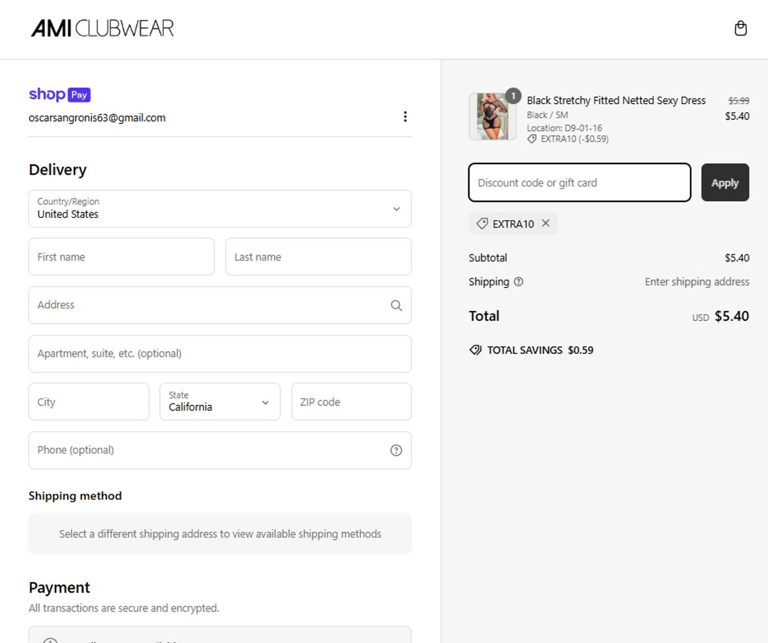 AMI Clubwear discount code screenshot showing code EXTRA10 applied at AMI Clubwear checkout page. Uploaded by SimplyCodes community member Frionel_Pessi on Mar 6, 2025