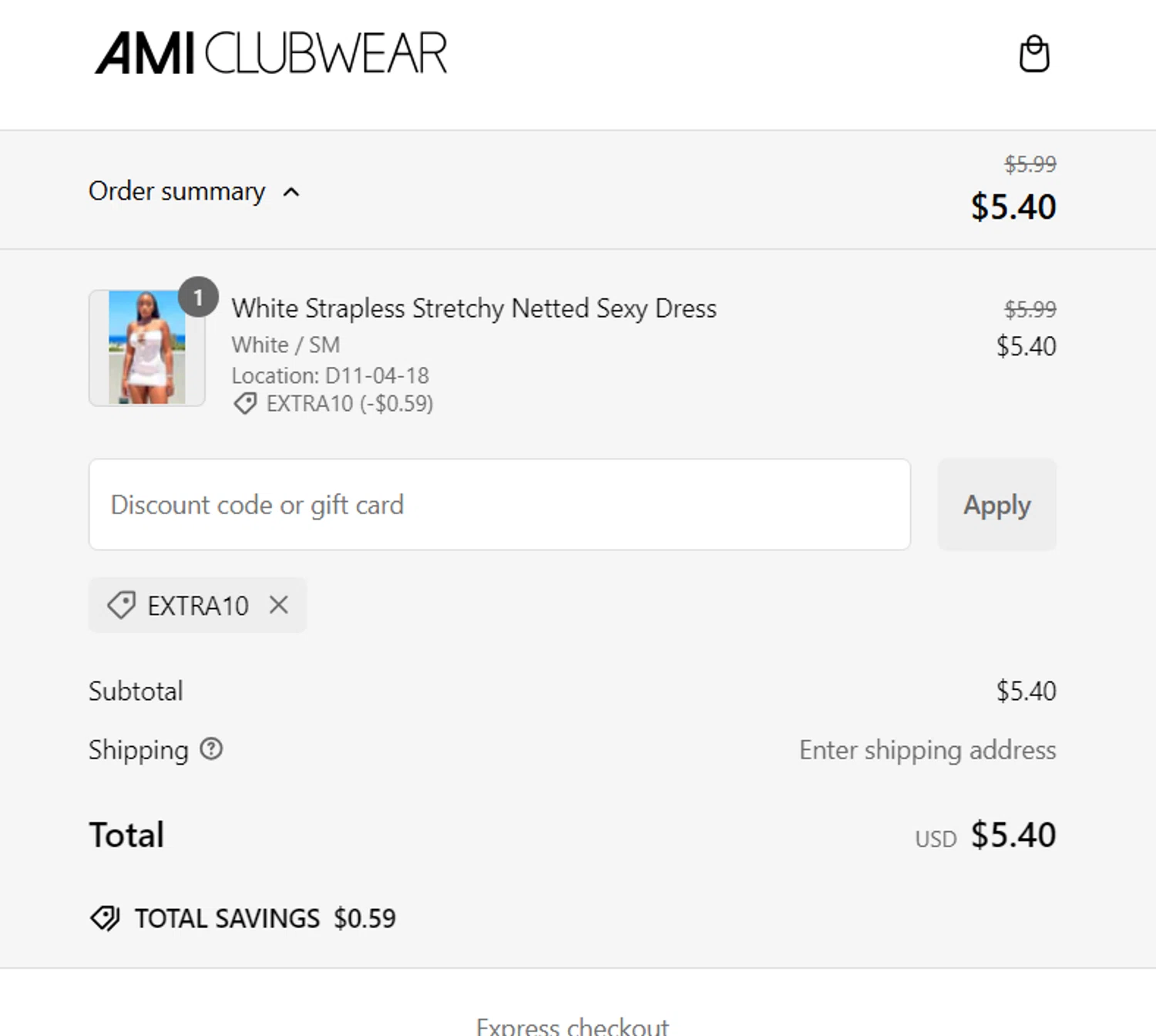 AMI Clubwear discount code screenshot showing code EXTRA10 applied at AMI Clubwear checkout page. Uploaded by SimplyCodes community member NinjaShoyo on Jan 22, 2025