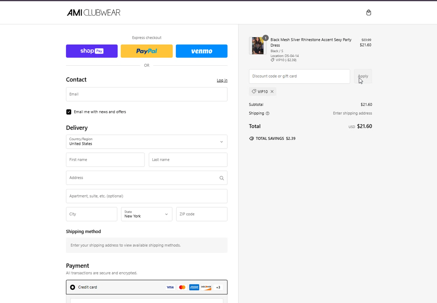 AMI Clubwear discount code screenshot showing code VIP10 applied at AMI Clubwear checkout page. Uploaded by SimplyCodes community member ElIntrepidoVolador on Feb 7, 2025