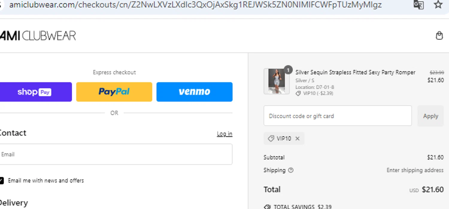 AMI Clubwear discount code screenshot showing code VIP10 applied at AMI Clubwear checkout page. Uploaded by SimplyCodes community member BudgetLion5814 on Jan 9, 2025