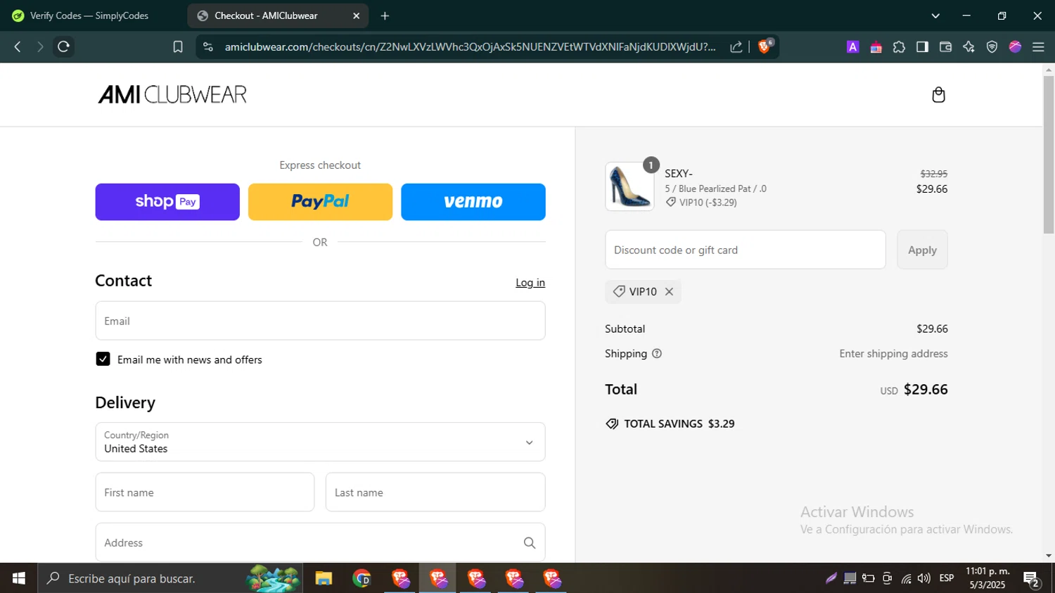 AMI Clubwear discount code screenshot showing code VIP10 applied at AMI Clubwear checkout page. Uploaded by SimplyCodes community member PrimeWhiz4850 on Mar 6, 2025