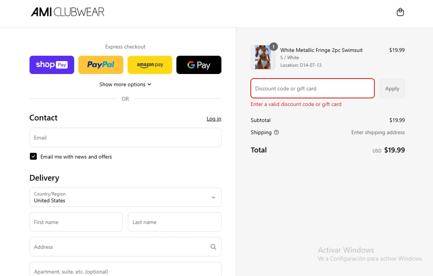 AMI Clubwear discount code screenshot showing code BOGOSWIM applied at AMI Clubwear checkout page. Uploaded by SimplyCodes community member Gary_23 on Aug 4, 2025