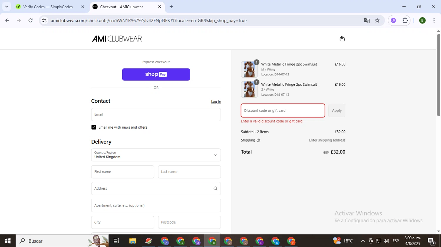 AMI Clubwear discount code screenshot showing code BOGOSWIM applied at AMI Clubwear checkout page. Uploaded by SimplyCodes community member SaleVirtuoso5993 on Aug 4, 2025