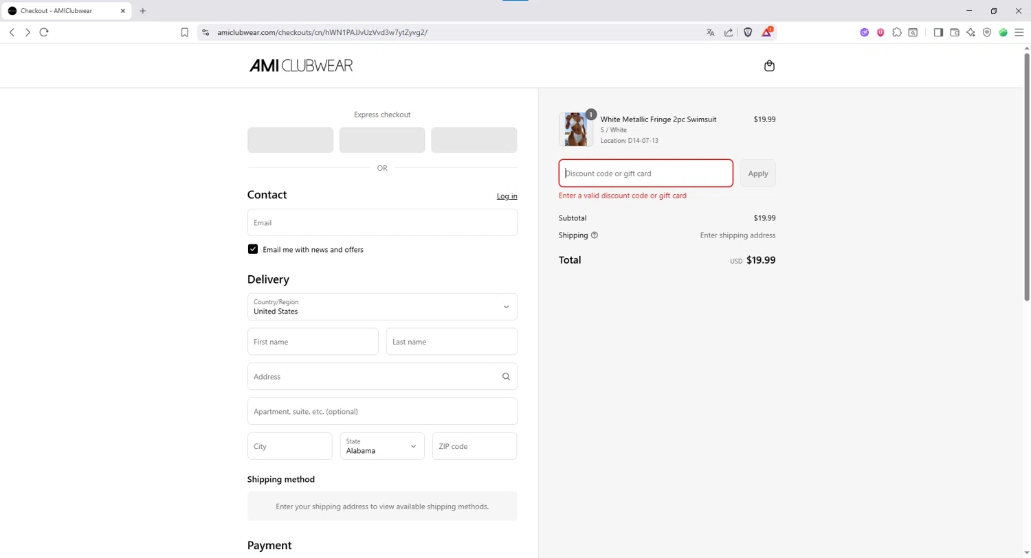 AMI Clubwear discount code screenshot showing code BOGOSWIM applied at AMI Clubwear checkout page. Uploaded by SimplyCodes community member TokenChaser2175 on Aug 4, 2025