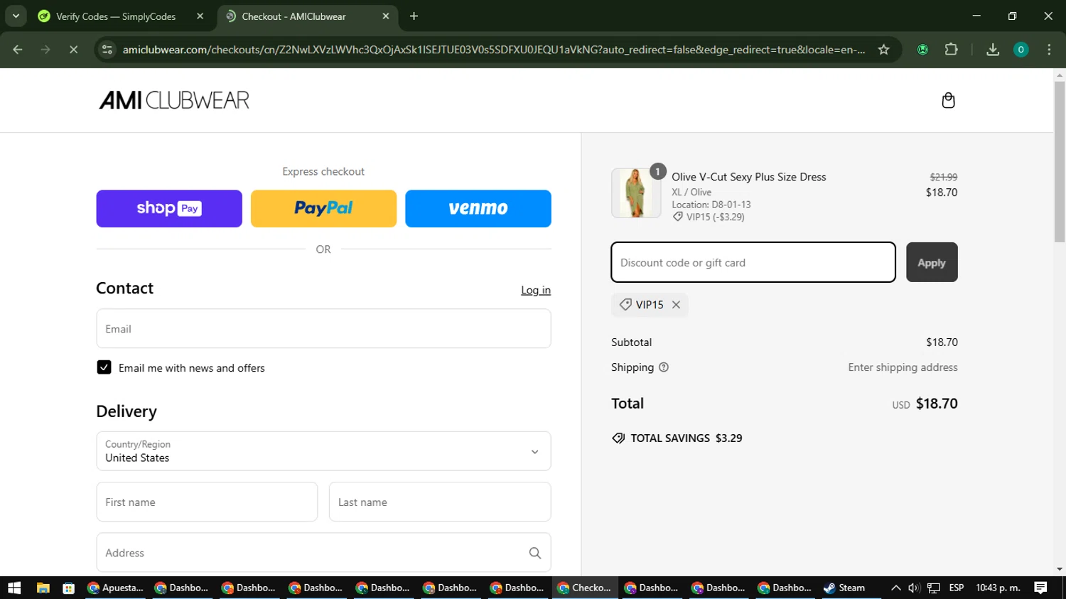 AMI Clubwear discount code screenshot showing code VIP15 applied at AMI Clubwear checkout page. Uploaded by SimplyCodes community member LuckyDefender9428 on Mar 6, 2025